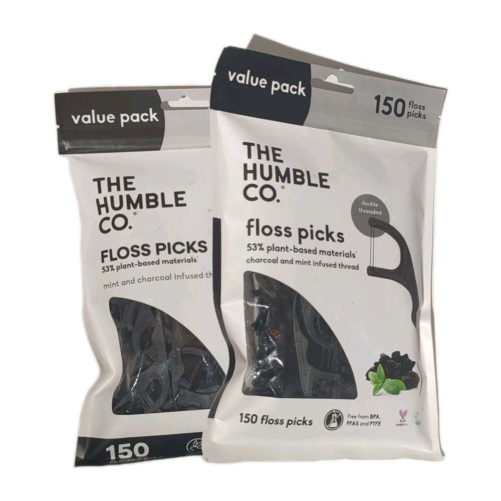 (2) The Humble Co. Charcoal-Infused Floss Picks, Mint Flavor Plant-Based 150 Pcs